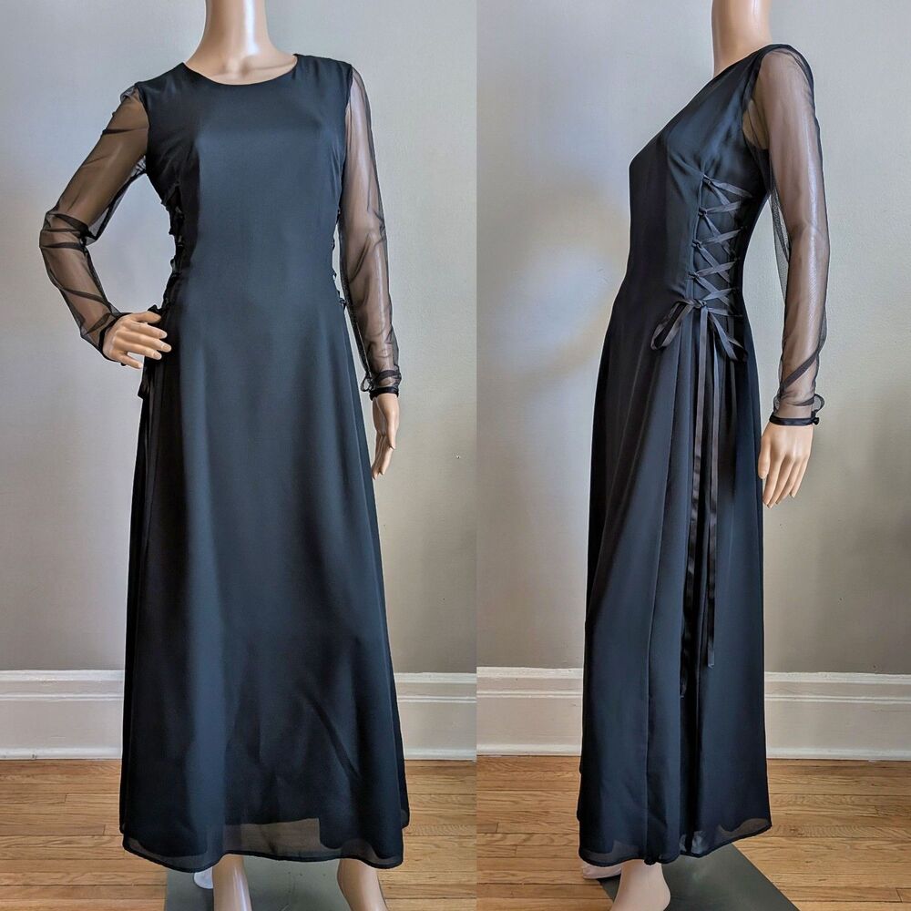 Vintage 90s C'est Duo Black Maxi Dress Corset Lacing Witchy Whimsygoth Size 4